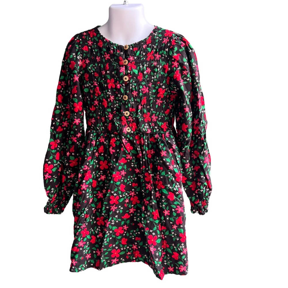 Cat and Jack Girls Long Sleeve Black Dress With Red Flowers S 6/7